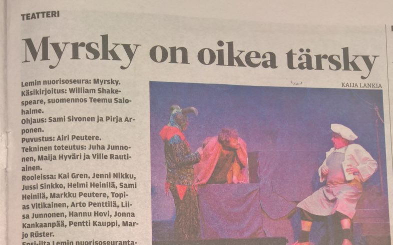 Teatterimatka Lemille lauantaina 2.2.2019 katsomaan MYRSKY- näytelmää tarjosi mukavan teatterielämyksen